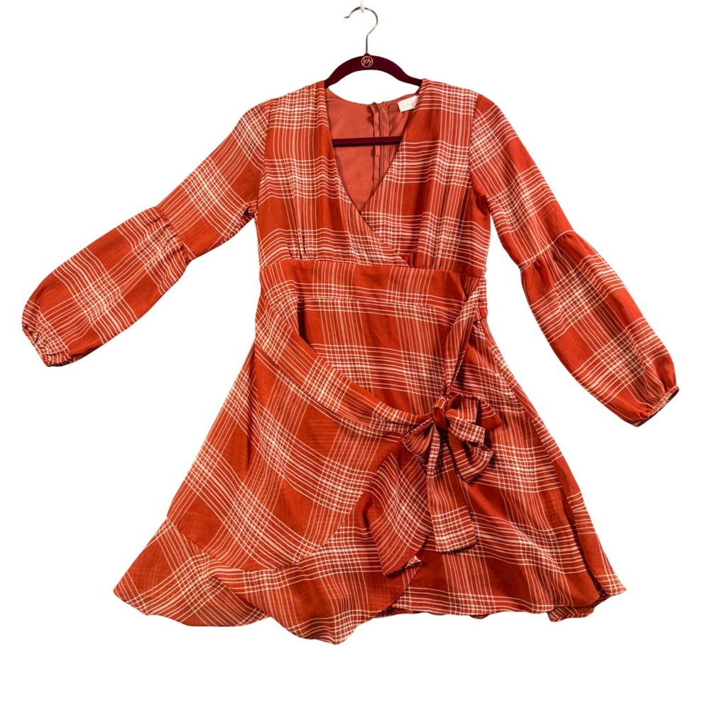 Altar'd State Cottagecore Fairycore Plaid Mini Dress S Rust Orange Indie Wrap